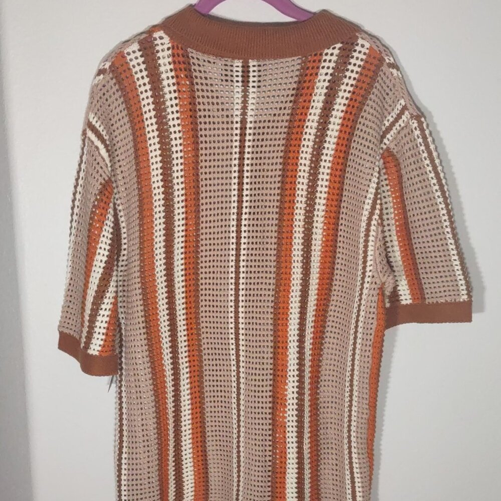 Massive Luxury Edition Crochet Knit Button Shirt Brown, Cream, Rust Stripe L NWT - Picture 6 of 8